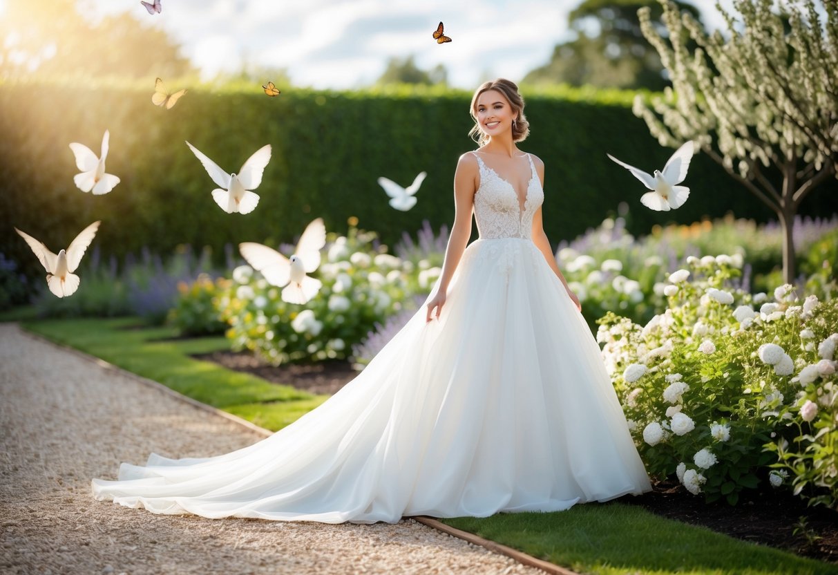 A bride in a flowing white gown stands beside a blooming garden, surrounded by fluttering butterflies and doves