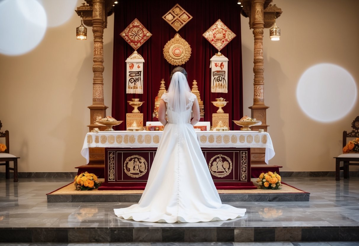 A bride in a white gown stands before a sacred altar adorned with traditional symbols of purity and fertility