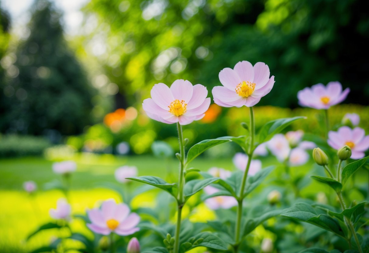 A lush green garden with blooming flowers and a serene atmosphere, suggesting harmony and growth