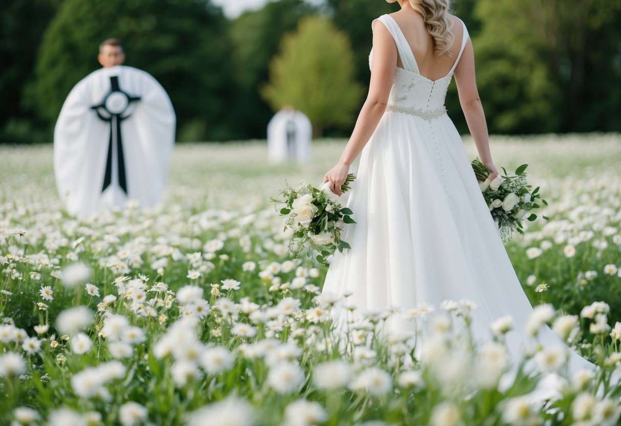 A bride in a white gown stands in a field of blooming white flowers, surrounded by symbols of purity and innocence