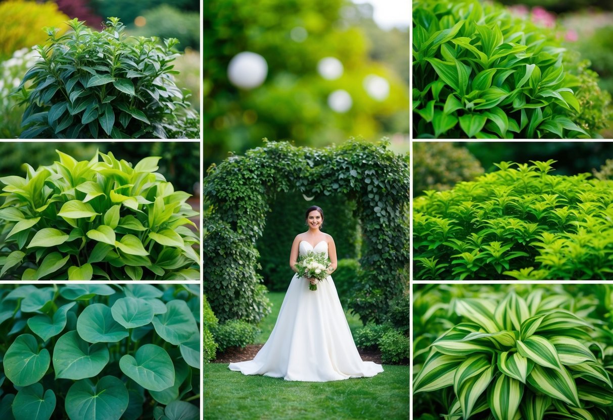 A lush green garden with a variety of vibrant green foliage, showcasing the different shades of green that could be worn to a wedding
