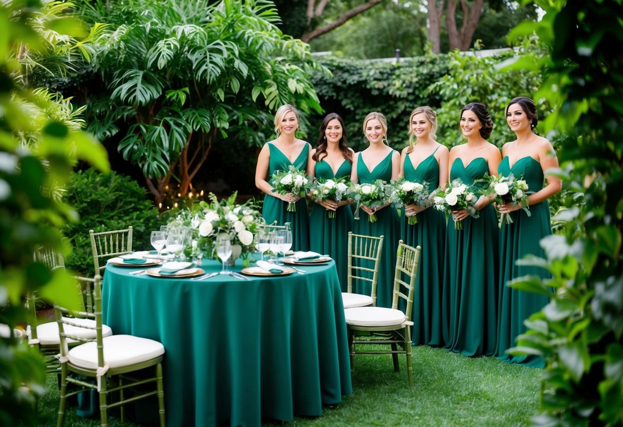 A lush green garden wedding with verdant foliage, emerald table linens, and bridesmaids in elegant forest green gowns