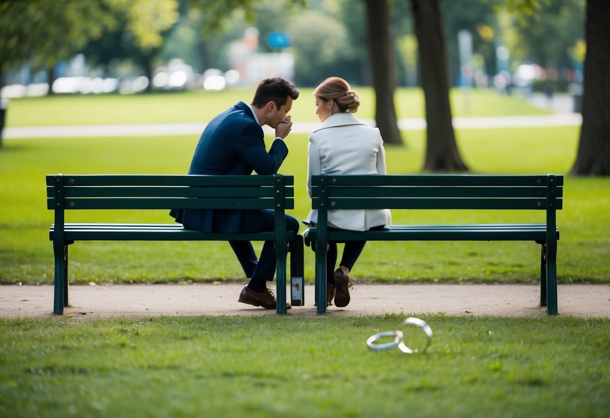 A couple sits apart on a park bench, each lost in thought, with a wedding ring discarded on the ground between them