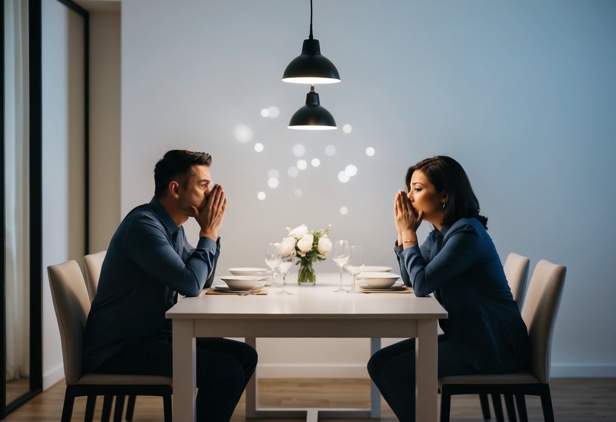 A couple sits on opposite ends of a long dining table, their expressions filled with regret as they avoid eye contact. The space between them symbolizes the emotional distance in their marriage