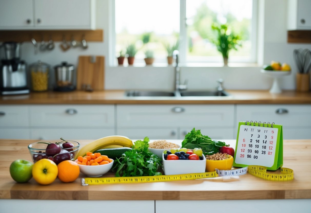 A kitchen counter with a variety of healthy foods, measuring tape, and a calendar counting down to the wedding date