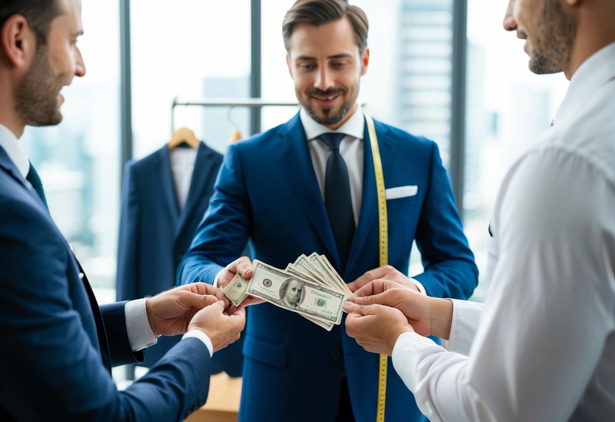 A man hands over money to a tailor, who is holding a suit and a measuring tape