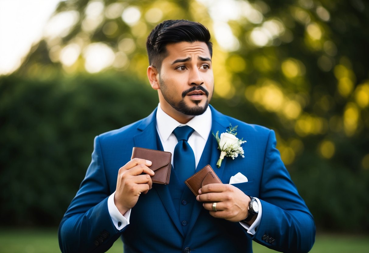 A best man holding a suit and a wallet, with a questioning expression on his face