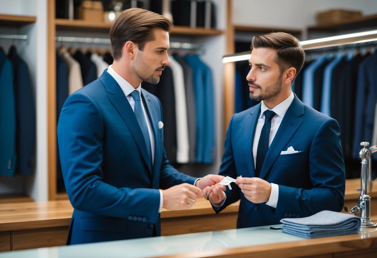 A man in a tailored suit standing at a tailor's shop counter, discussing payment with the tailor. The tailor holds a measuring tape and a fabric swatch