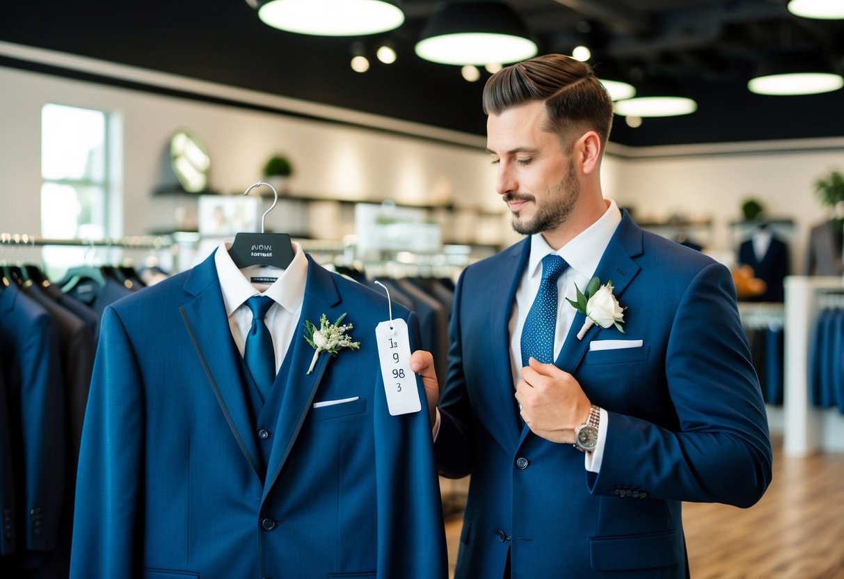 A best man holding a suit and looking at a price tag in a formal wear store