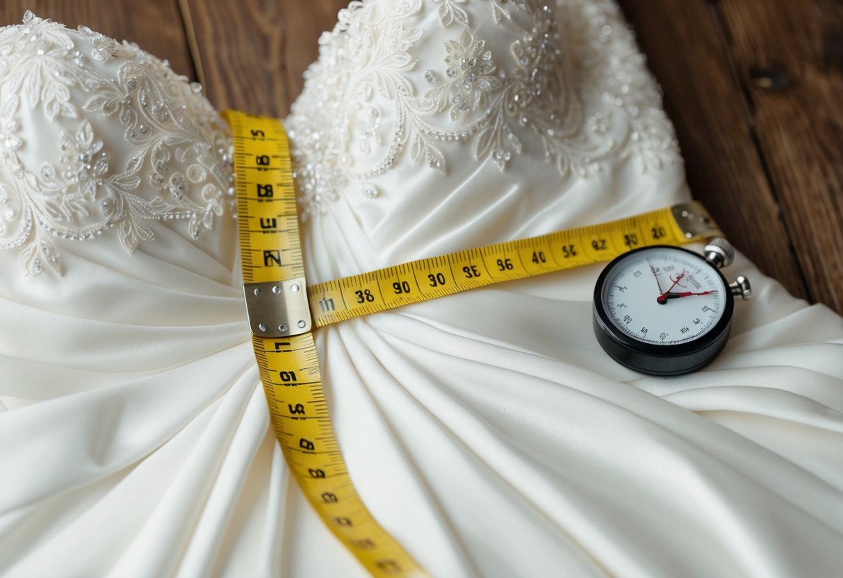 A tape measure wrapped around a wedding gown waistline, with a stopwatch beside it