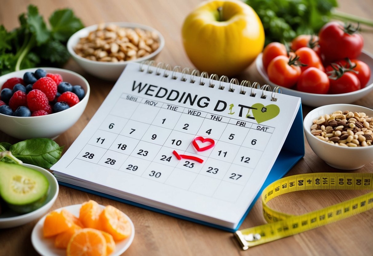 A calendar with a wedding date circled, surrounded by healthy foods and a tape measure