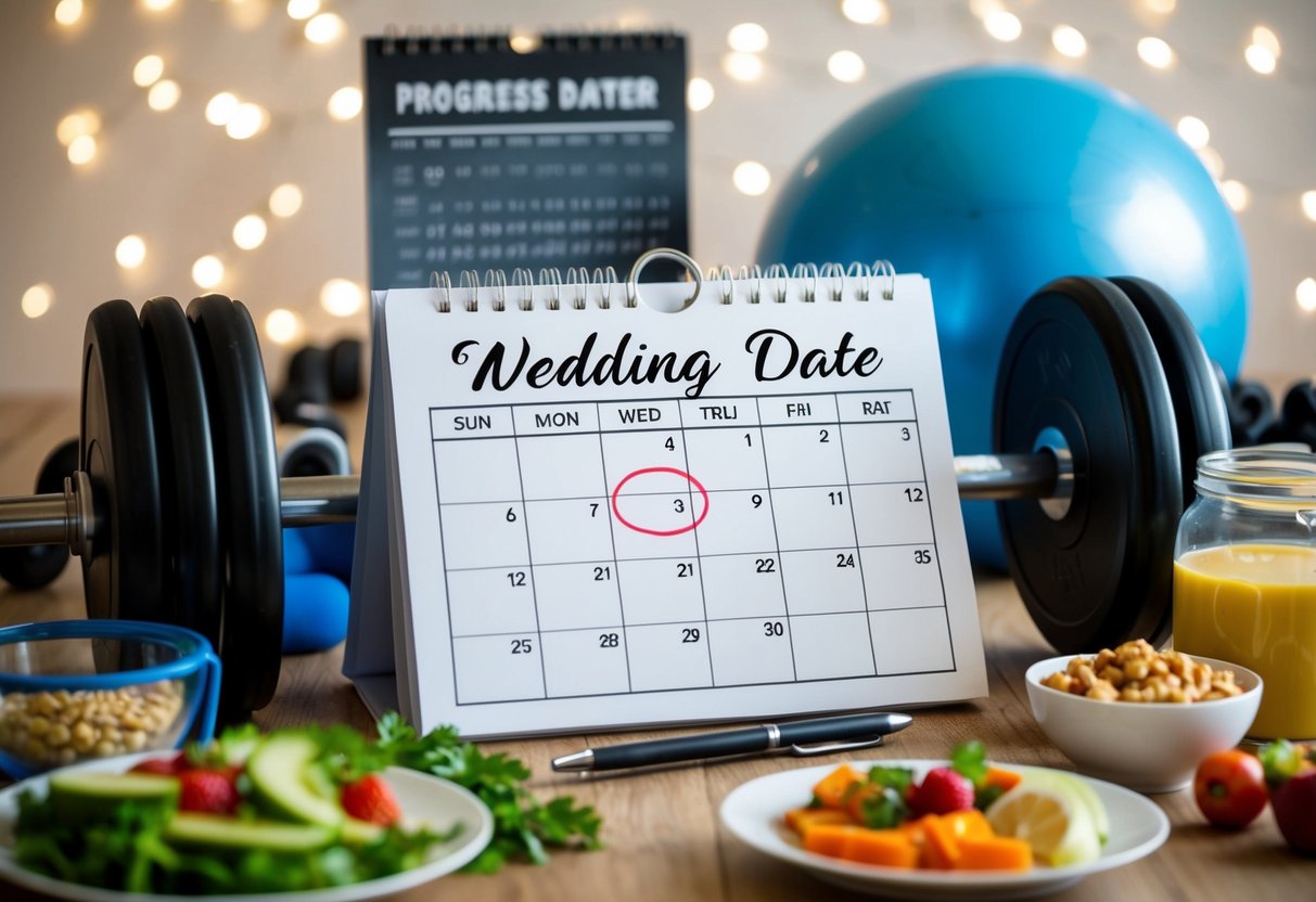 A calendar with the wedding date circled, surrounded by healthy food, workout equipment, and a progress tracker