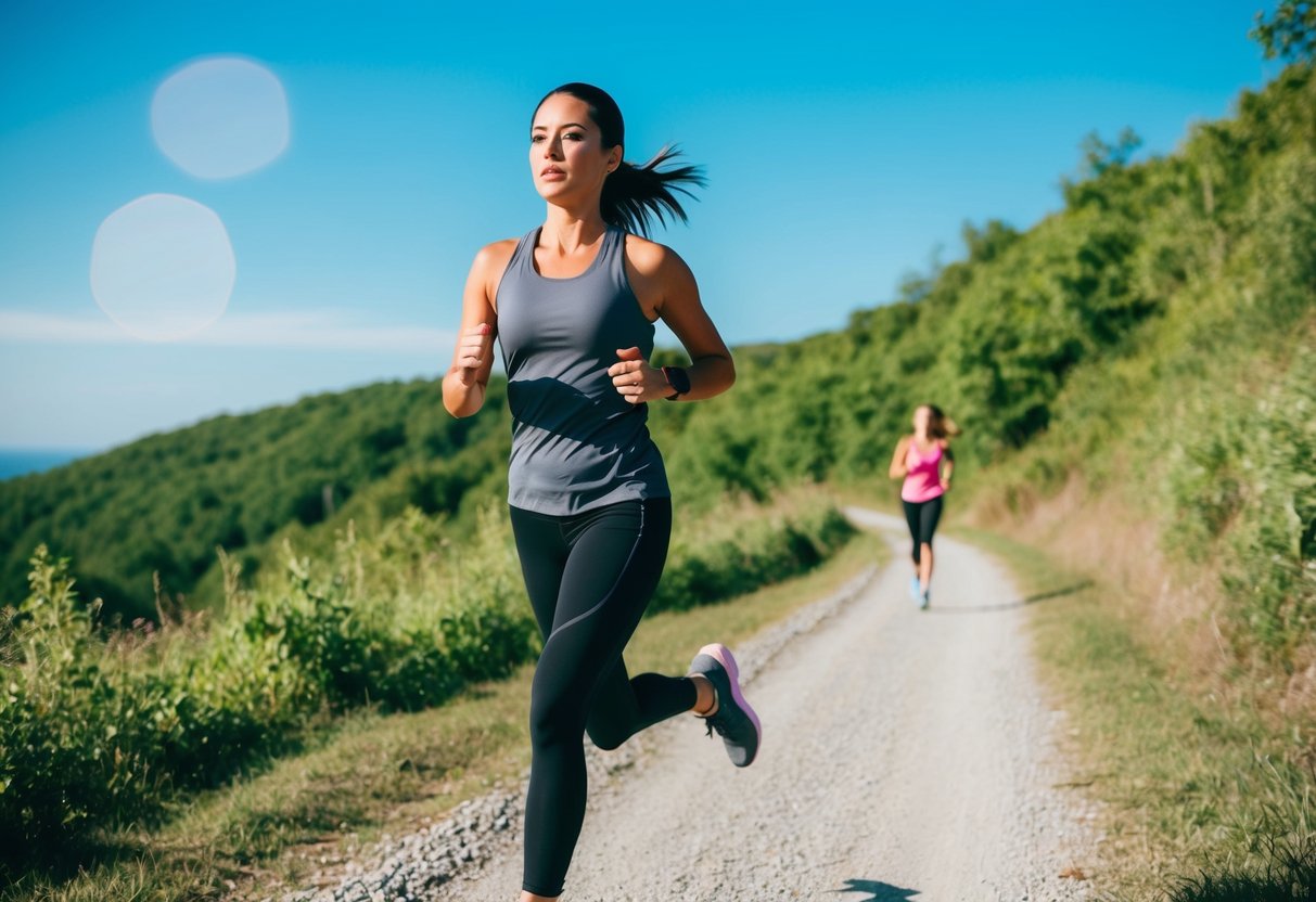 A woman runs along a scenic trail, surrounded by lush greenery and a bright blue sky. She wears workout clothes and a determined expression