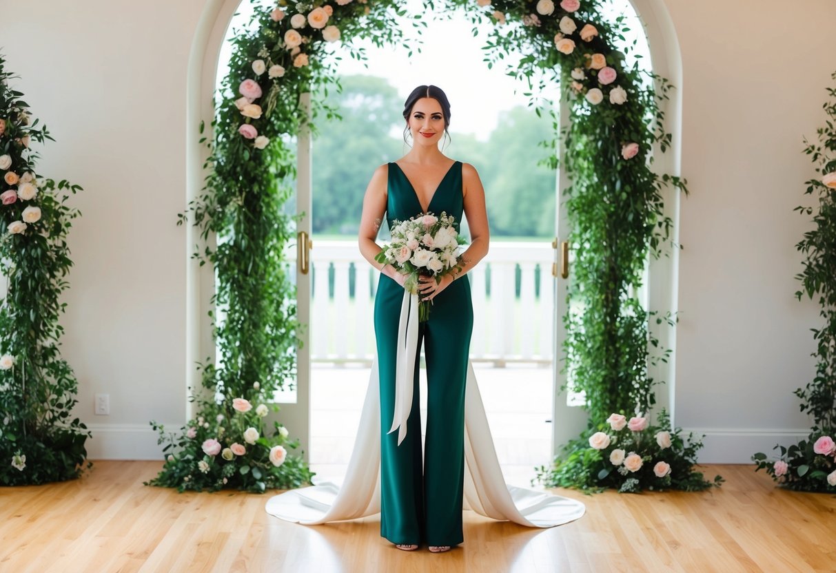 A bride wearing a jumpsuit with a flowing train, holding a bouquet of flowers, standing in front of an archway adorned with greenery and flowers