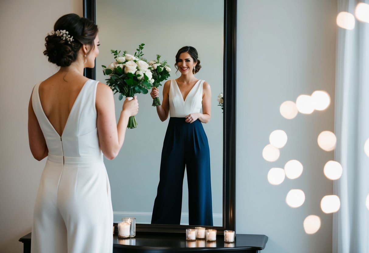A bride holding a bouquet while wearing a jumpsuit, a pantsuit, or a skirt and top combo, standing in front of a mirror