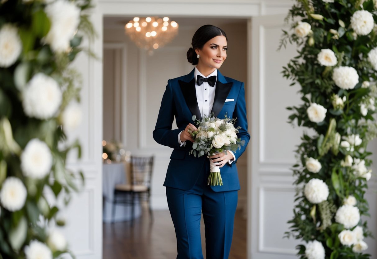 A woman in a tailored suit or tuxedo, standing confidently with a bouquet in hand, surrounded by elegant wedding decor