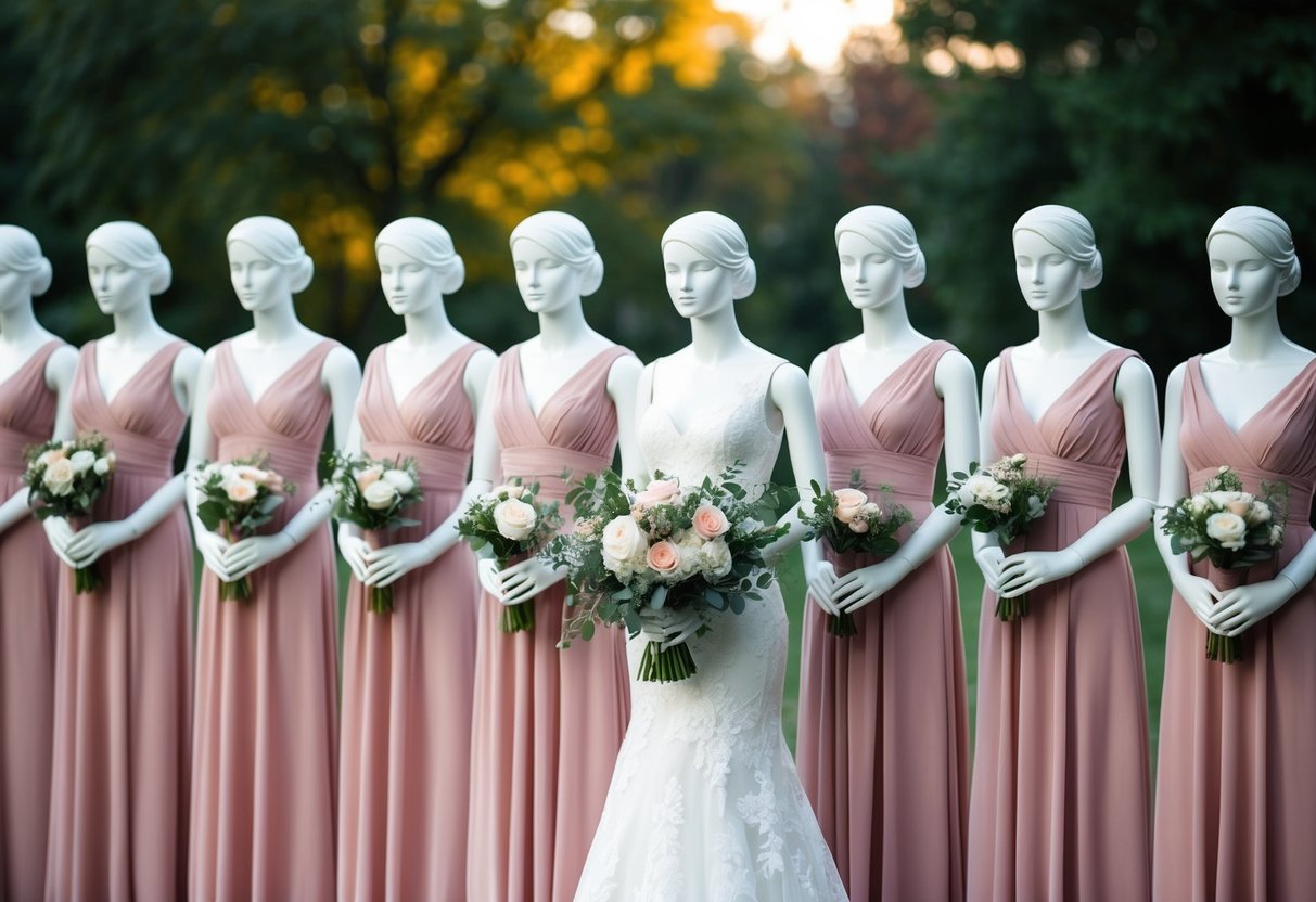 A group of 20 mannequins dressed in matching bridesmaid gowns, standing in a row with bouquets in their hands