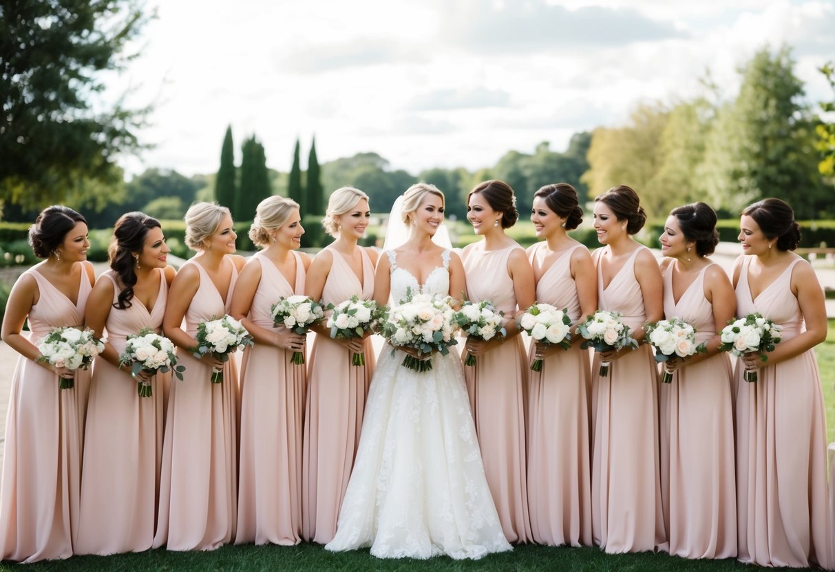 A bride surrounded by a large group of bridesmaids, all wearing matching dresses, standing in a beautiful outdoor wedding venue