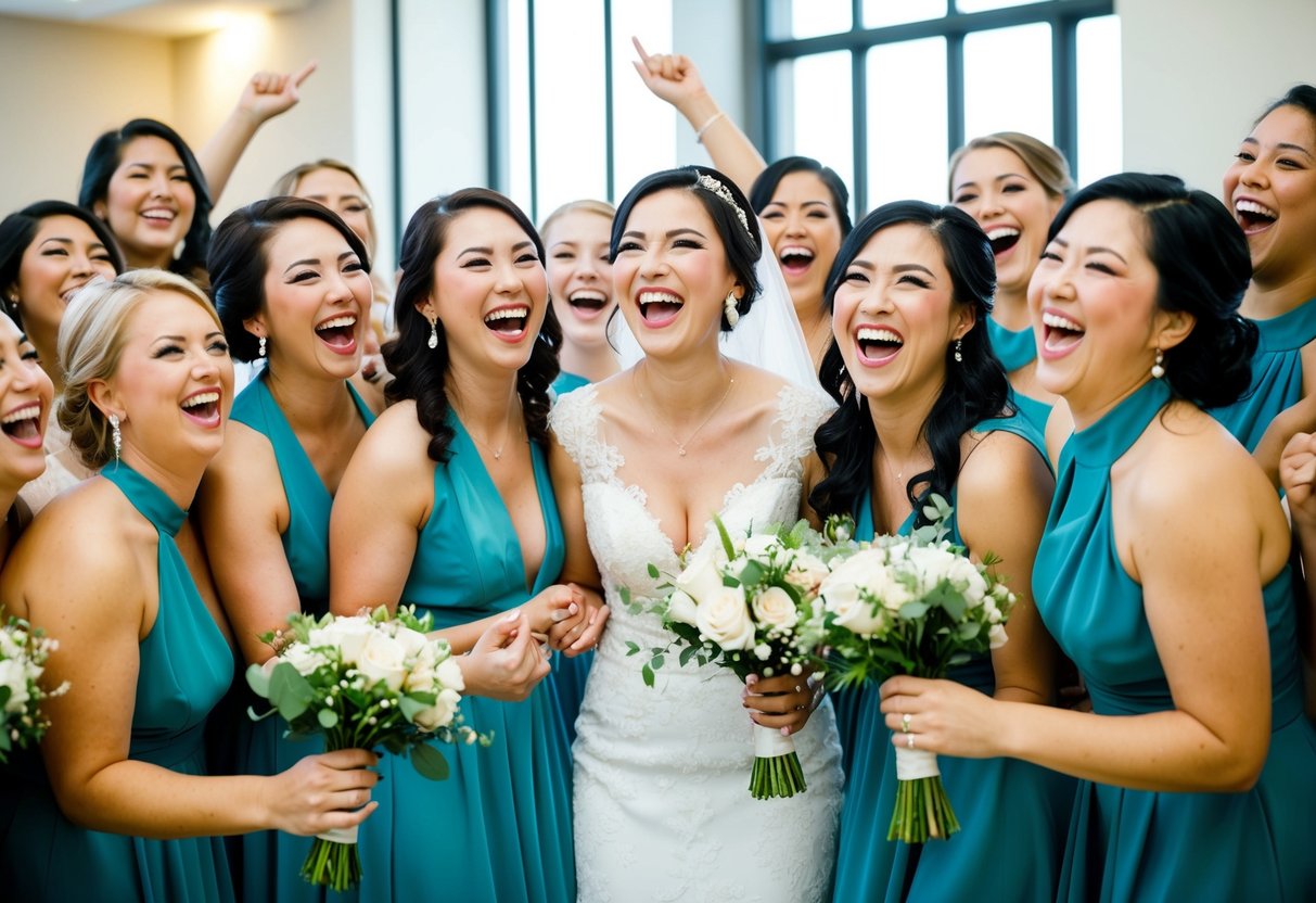 A bride surrounded by a large group of excited and supportive bridesmaids, all dressed in matching attire, sharing laughter and joy
