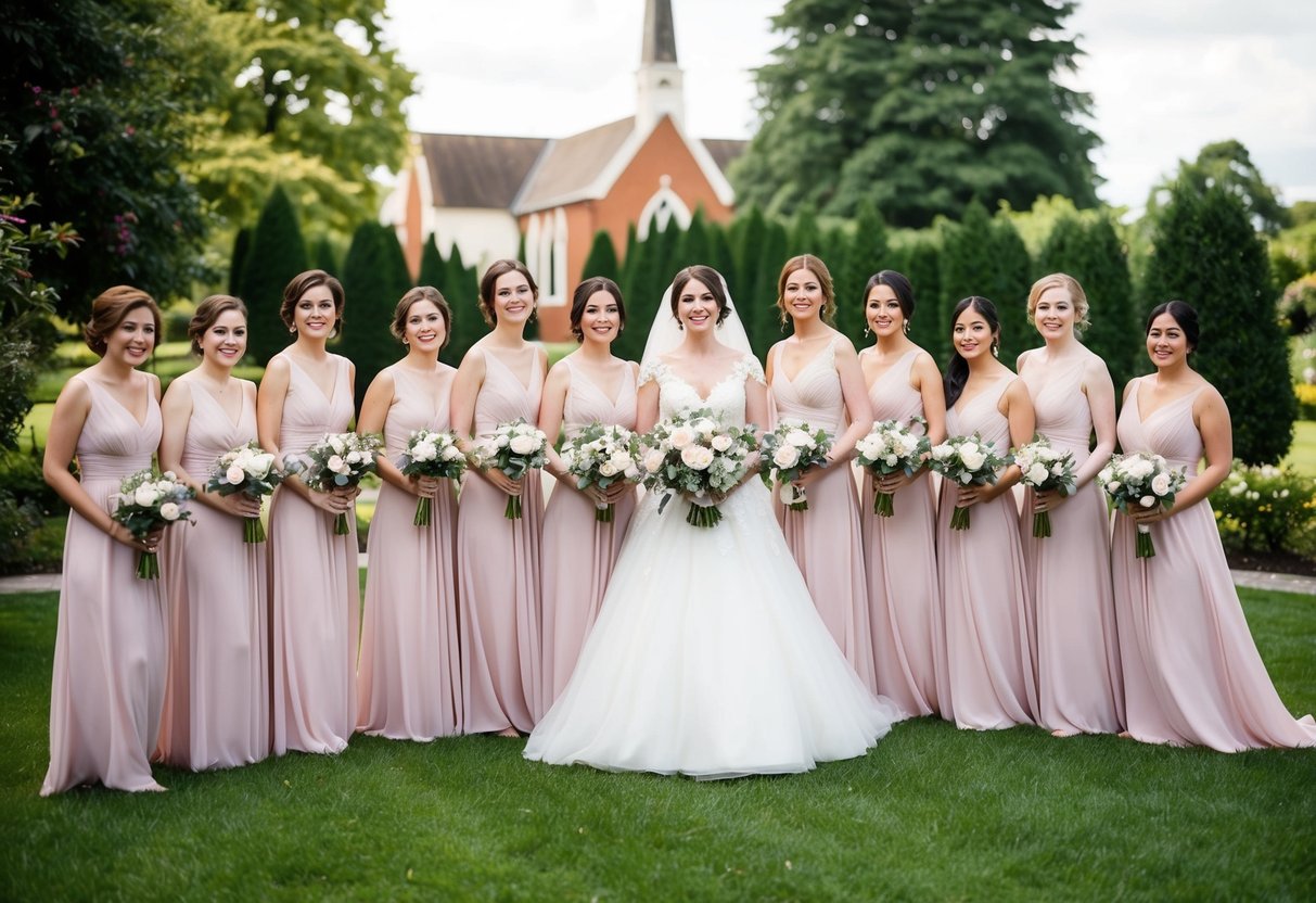 A bride surrounded by 20 bridesmaids in matching dresses, holding bouquets, and standing in a beautiful garden or church setting