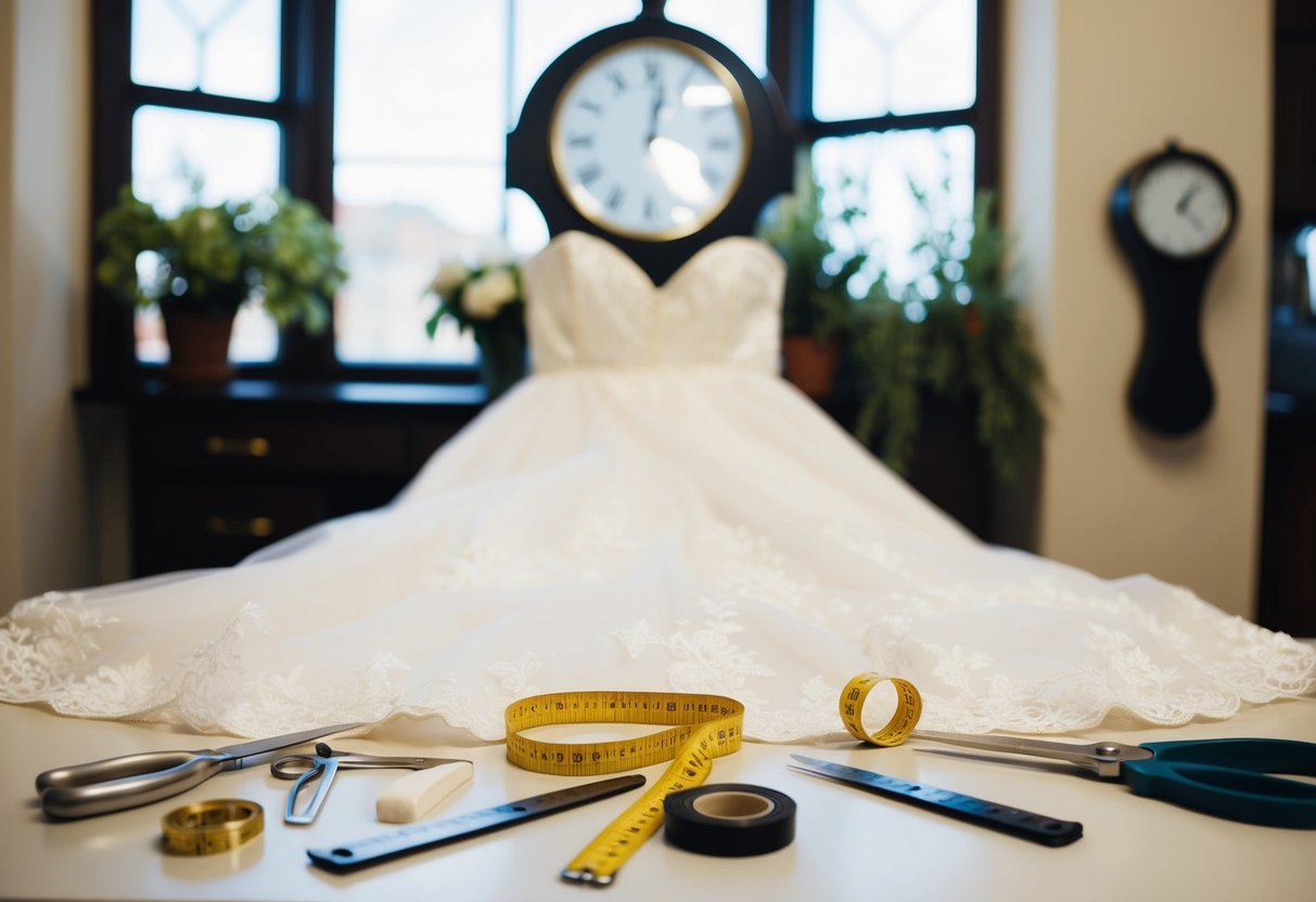 A wedding dress laid out on a table, surrounded by sewing tools and measuring tape, with a clock in the background showing the passage of time