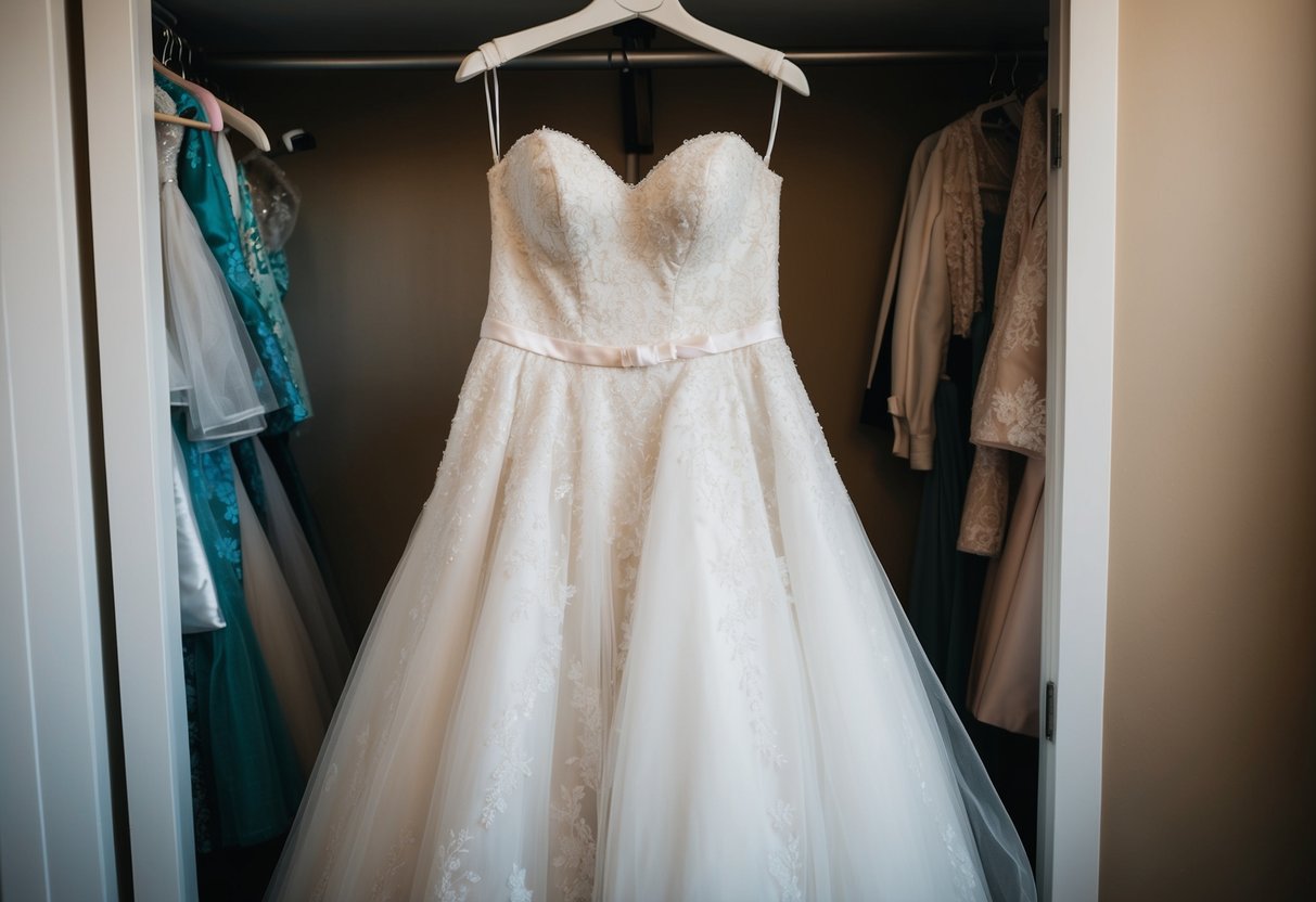A wedding dress left untouched in a closet for two years, covered in dust and wrinkles, with a sense of neglect and urgency for cleaning