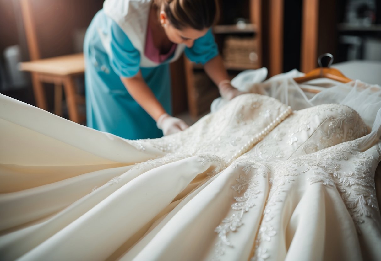 A wedding dress being carefully cleaned and restored after being stored for two years