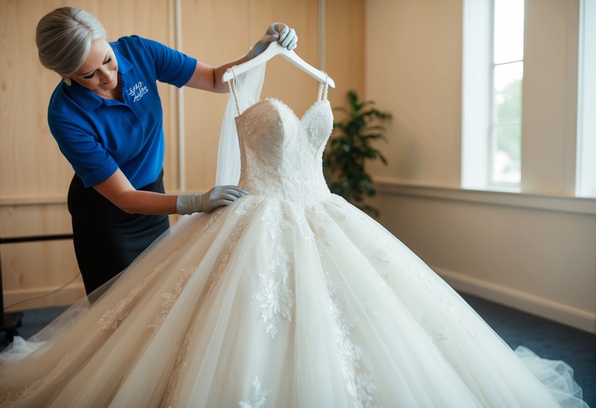 A dusty wedding dress being carefully cleaned and preserved by a professional cleaner in a specialized preservation studio