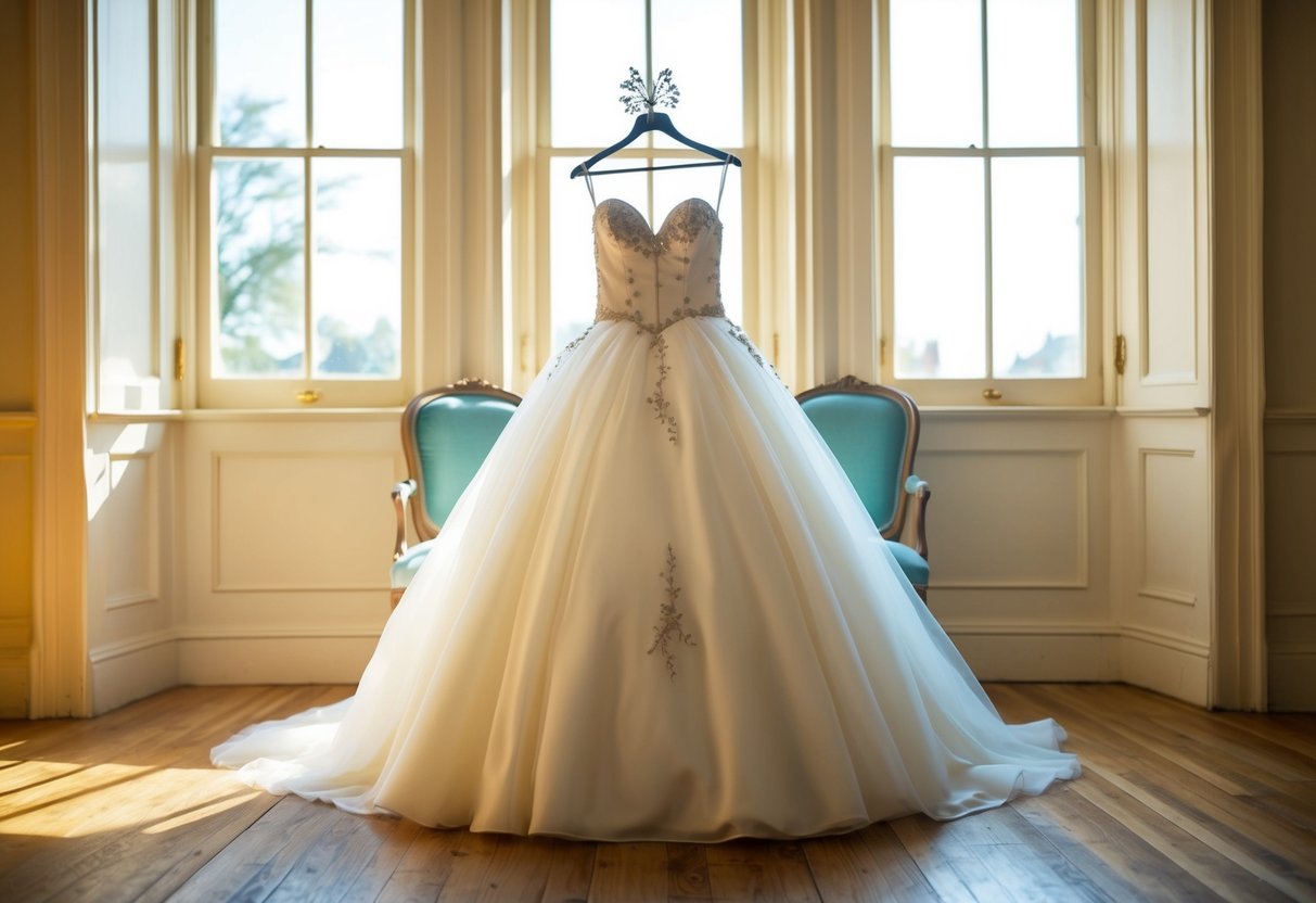 An elegant ball gown draped over a vintage chair in a sunlit room