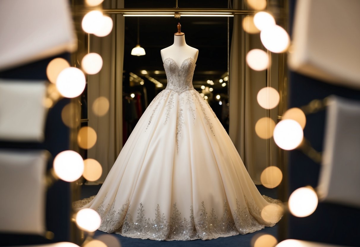An elegant ball gown displayed on a mannequin, surrounded by soft lighting and luxurious fabric swatches