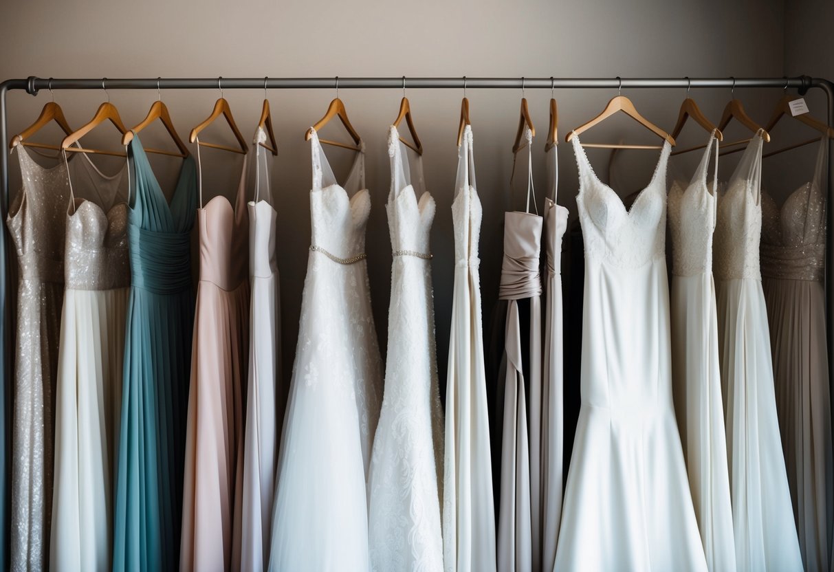 A rack of bridal gowns in various sizes and styles, with soft lighting and elegant fabric draping