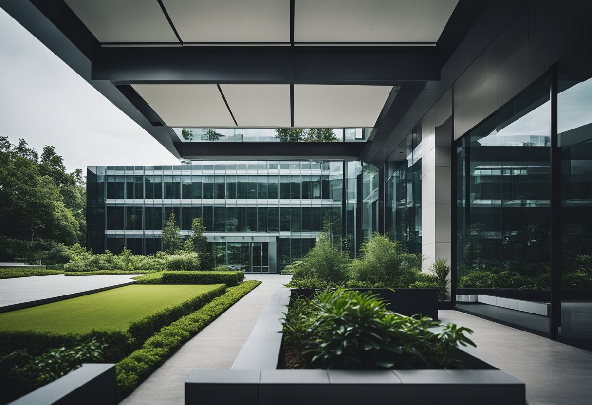 A modern office building with a sleek design, surrounded by lush landscaping and situated in a bustling urban area