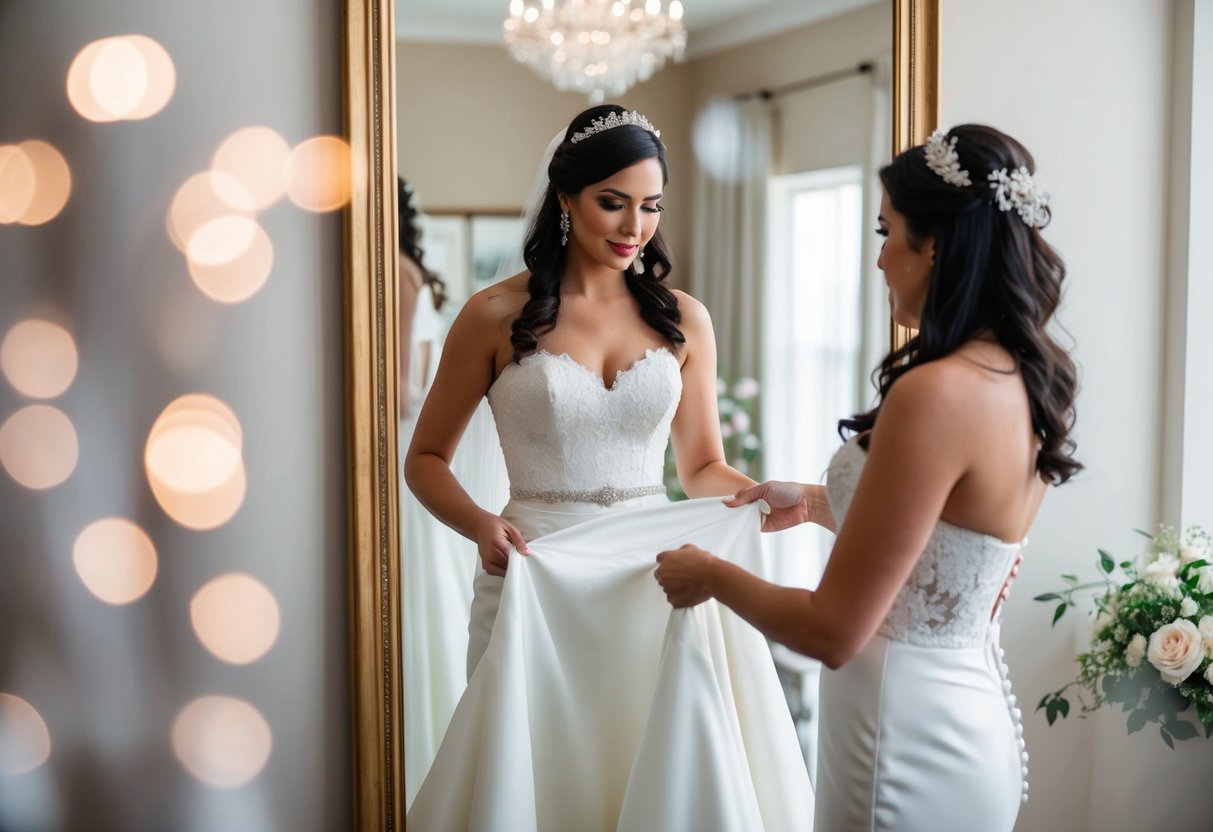 A bride-to-be stands in front of a full-length mirror, holding the fabric of a white bridal gown against her body, examining the fit and drape