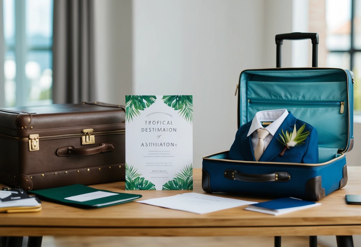 A suitcase packed with formal attire sits next to a tropical destination wedding invitation on a cluttered desk