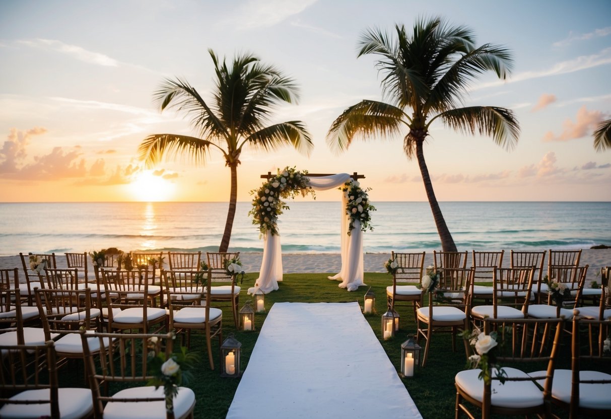 A tropical beach with a wedding arch and chairs set up for a ceremony. Palm trees sway in the background as the sun sets over the ocean