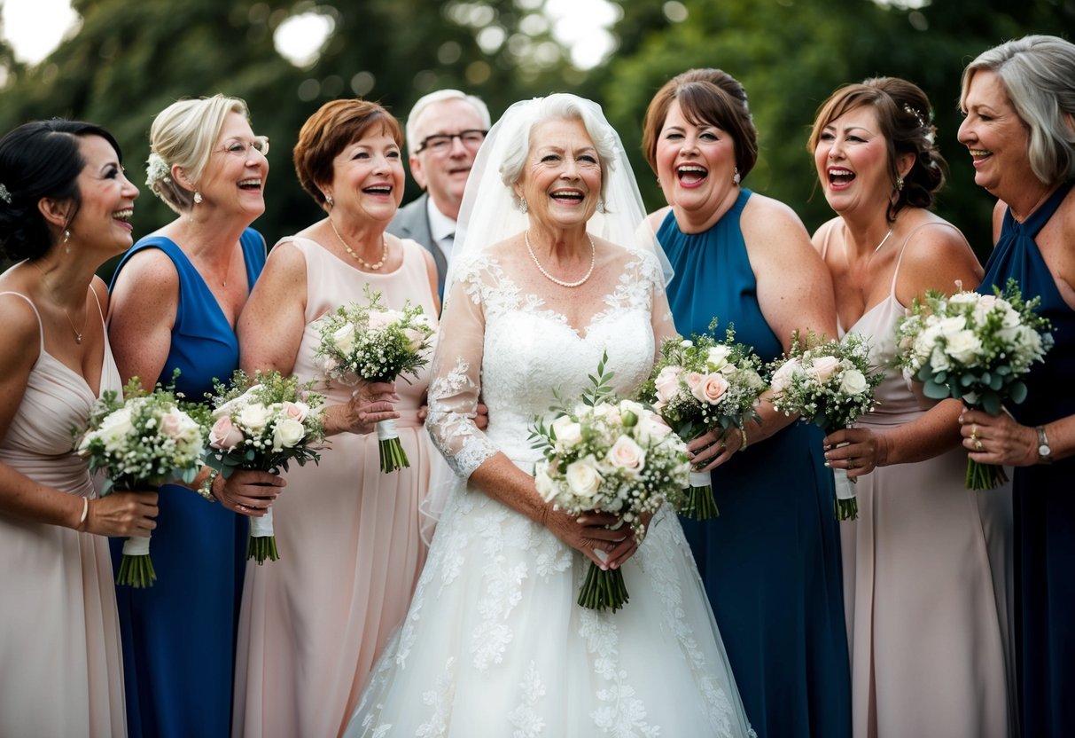 An older bride stands surrounded by supportive friends, each holding a bouquet, as they share in the joy of her wedding day