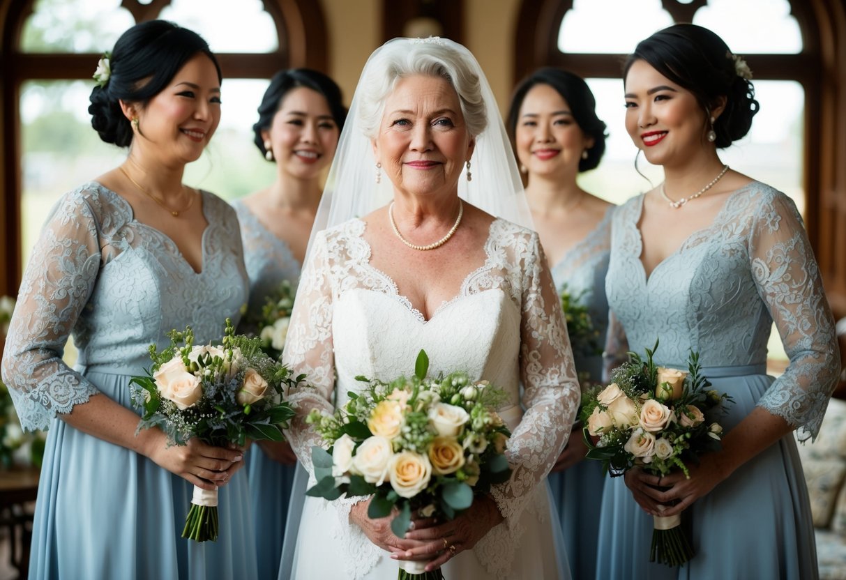 An older bride and her bridesmaids stand in a traditional setting, surrounded by symbols of age and tradition such as antique lace and vintage flowers