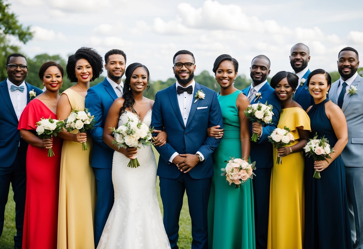 A group of diverse figures standing together, symbolizing inclusivity in a bridal party