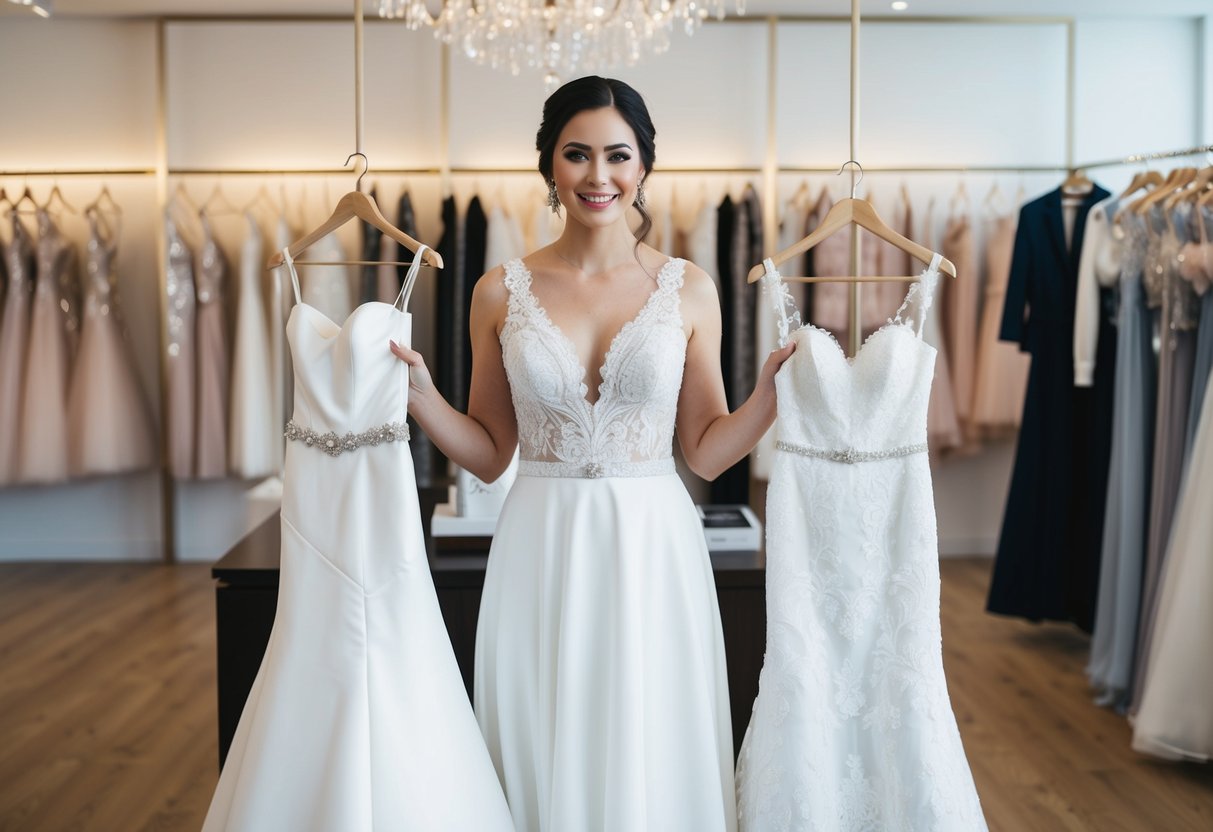 A bride holds two wedding dresses, one traditional and one modern, in a luxurious bridal boutique