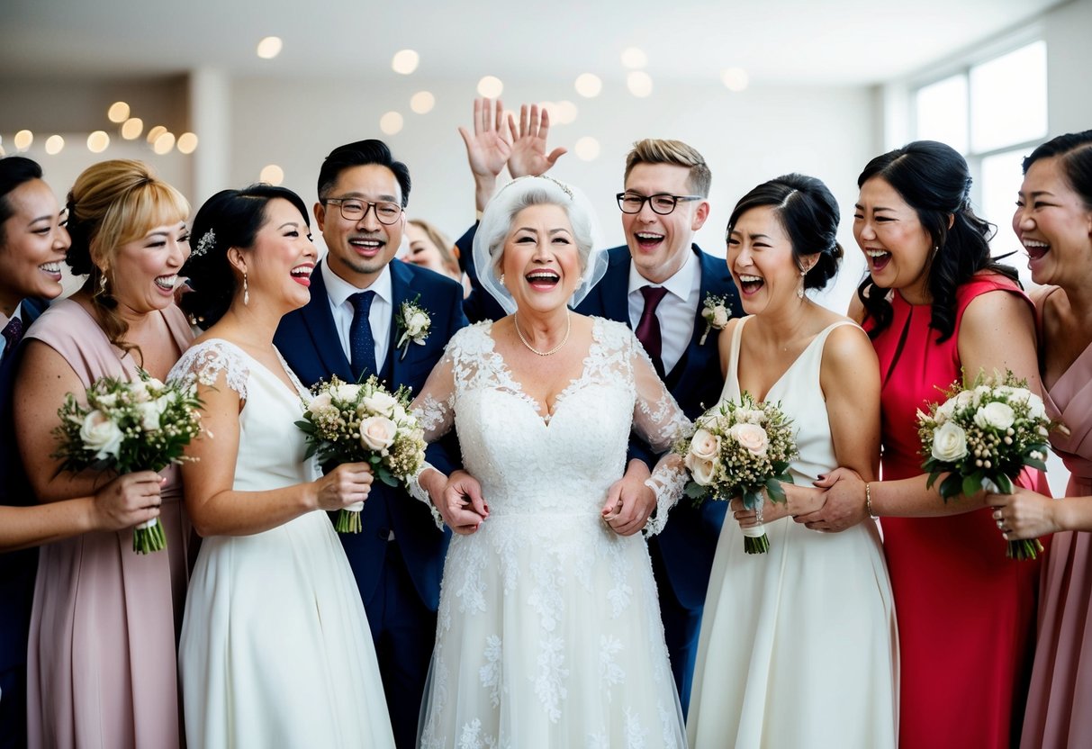 A group of diverse figures stand together, showing support and camaraderie. The older bride is surrounded by her bridesmaids, sharing in her joy and excitement
