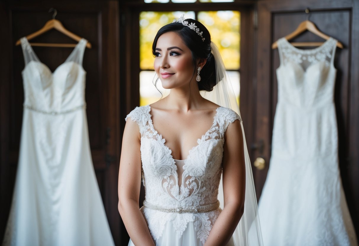 A bride stands in front of two wedding dresses, one traditional and the other modern, with a thoughtful expression on her face