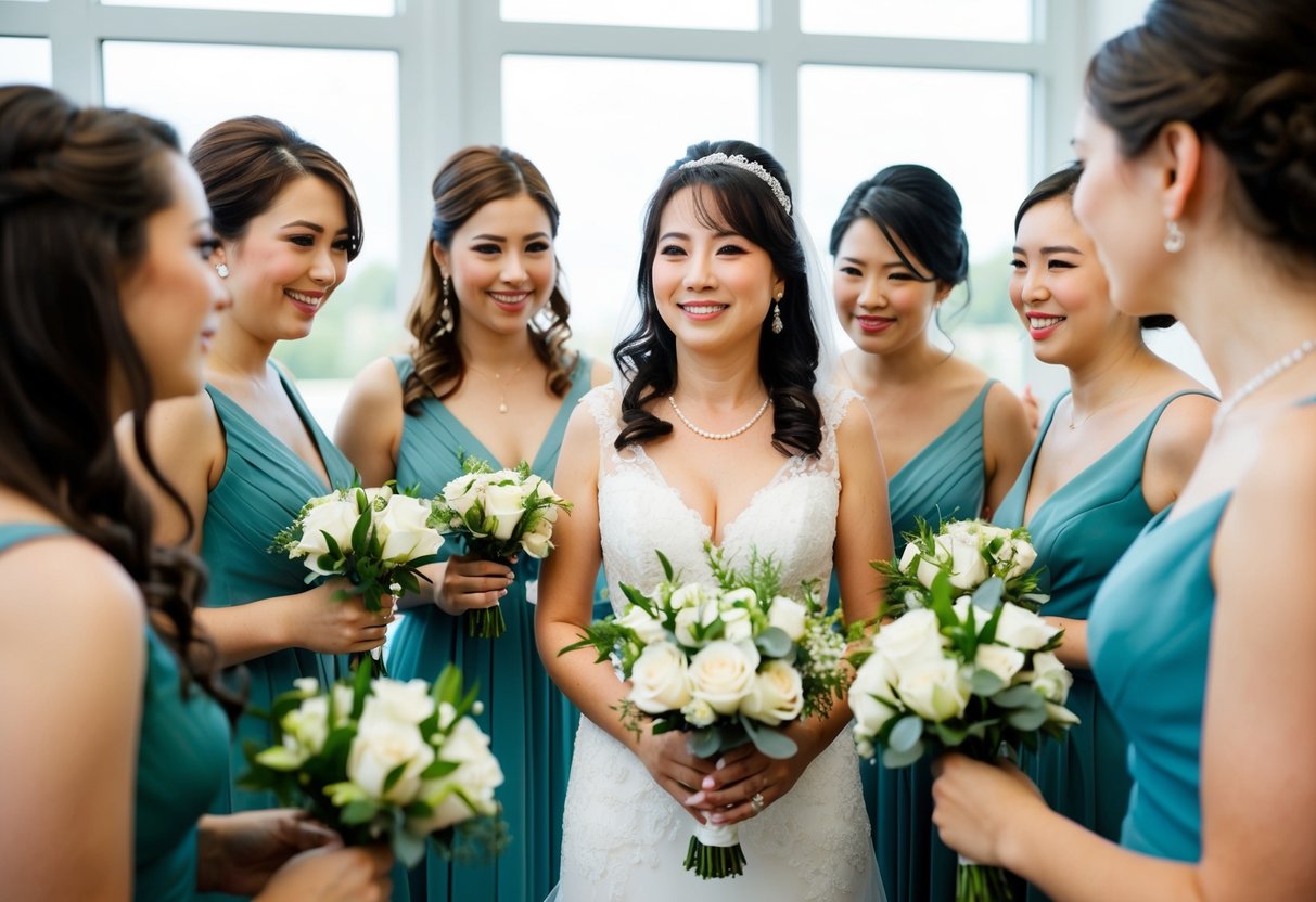 A group of women of varying ages discussing bridesmaid dresses and holding bouquets. The older bride is in the center, surrounded by her friends