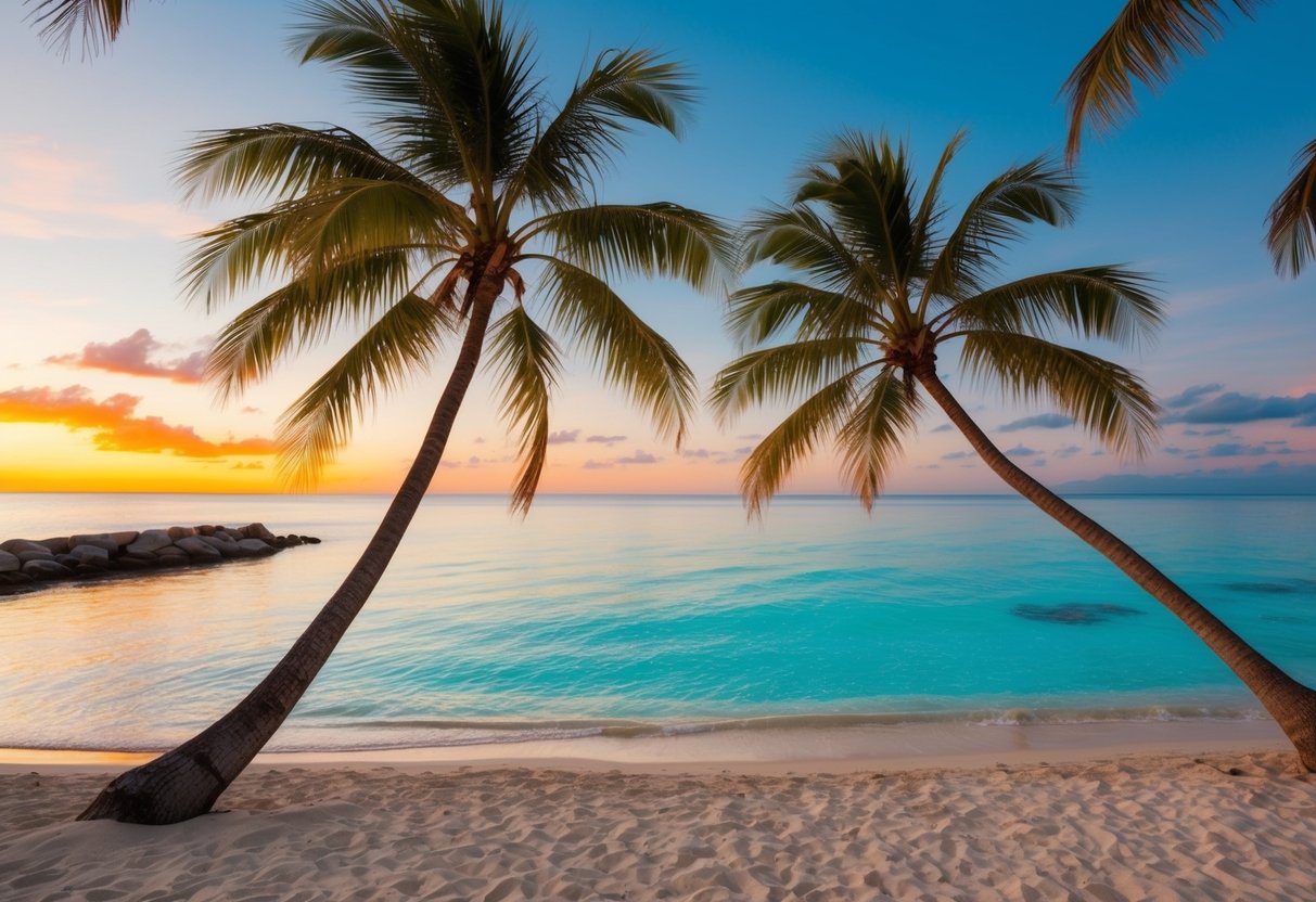 A tropical beach with palm trees, crystal clear water, and a colorful sunset in the background