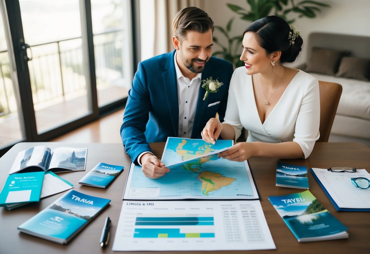 A couple sits at a table with a map, surrounded by travel brochures and a budget spreadsheet. They are discussing potential destinations for their wedding, considering the scenery and logistics