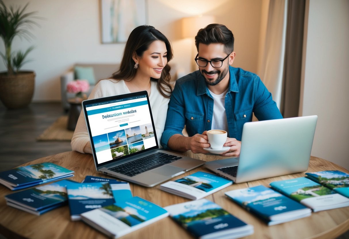 A couple sits at a table covered in travel brochures, with a laptop open to a destination wedding website. They discuss options while sipping coffee
