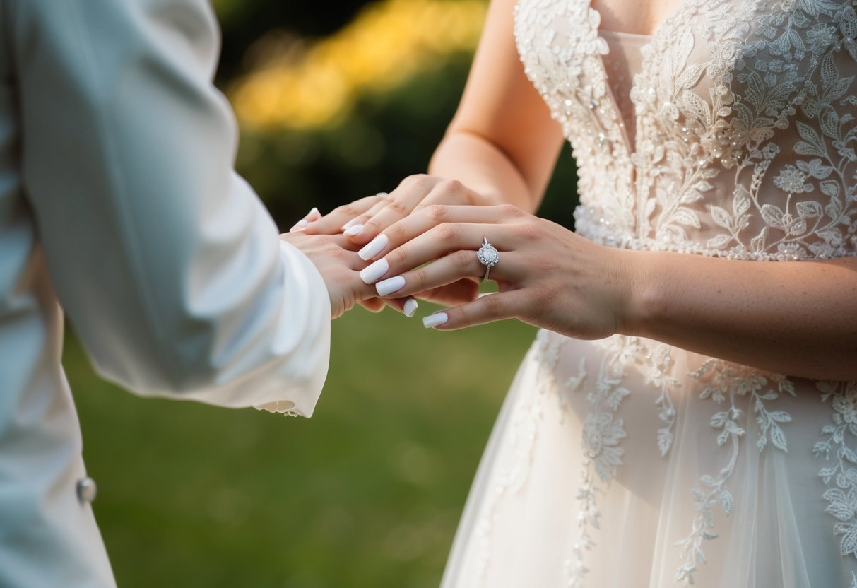 A bride's hand reaches for her engagement ring on her wedding day, but hesitates to put it on