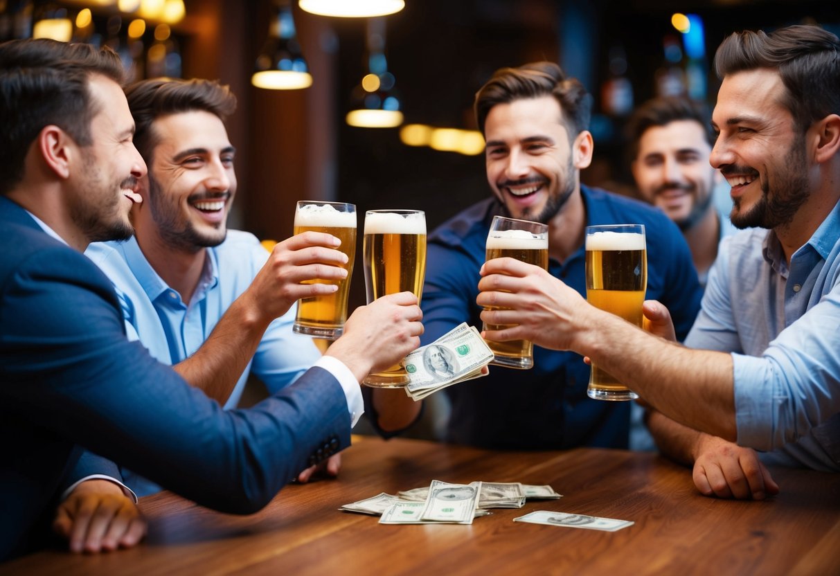 A group of men at a bar, clinking beer glasses and laughing, while one man hands over a wad of cash to another