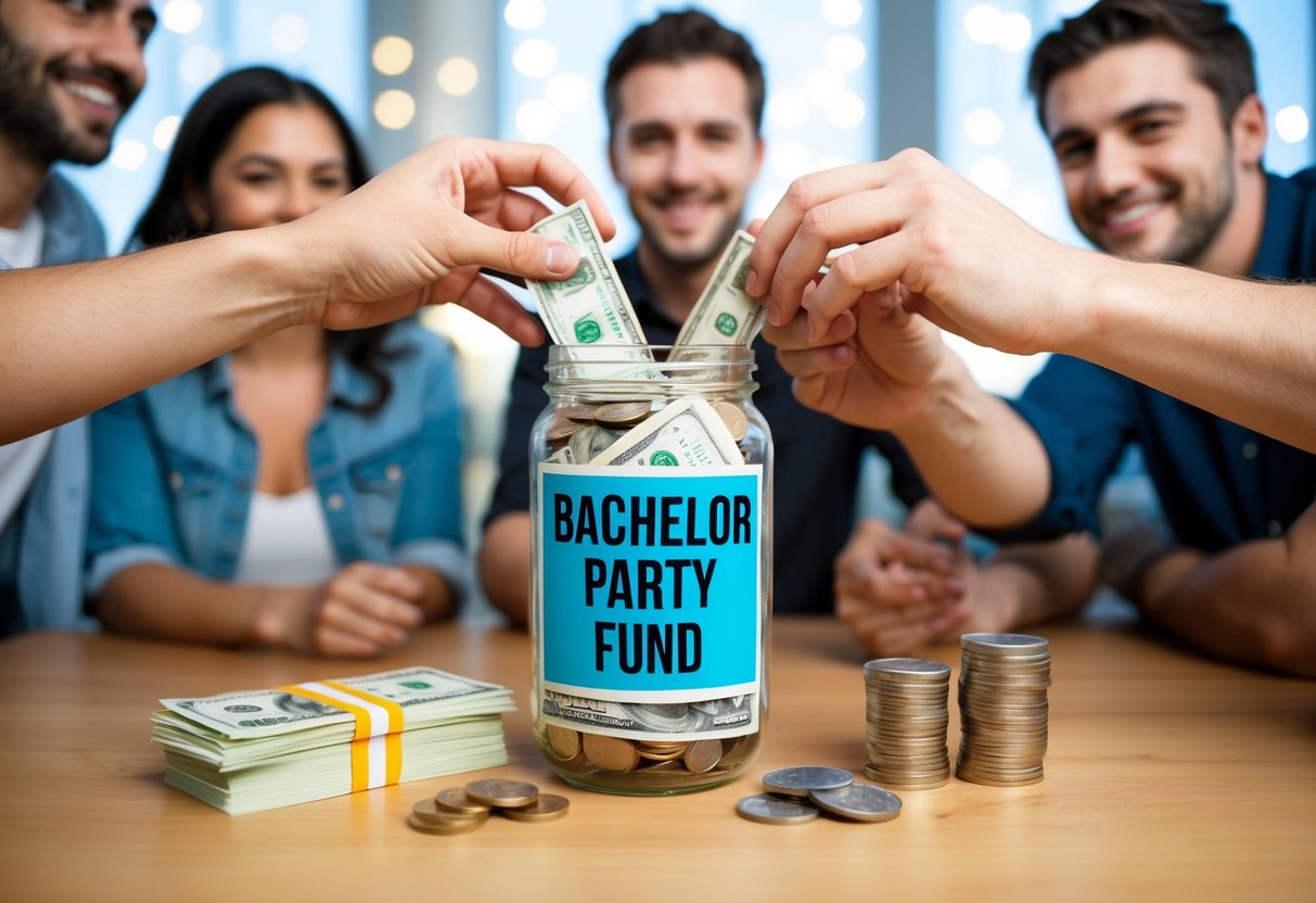 A group of friends pooling money into a jar labeled "Bachelor Party Fund" with a stack of bills and coins next to it