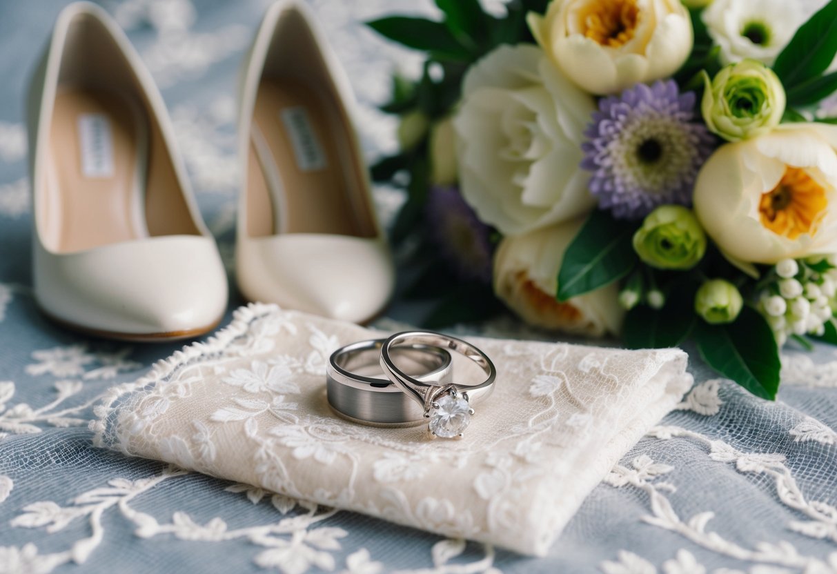 A wedding ring and engagement ring placed on a delicate lace fabric, surrounded by a bouquet of flowers and a pair of elegant wedding shoes