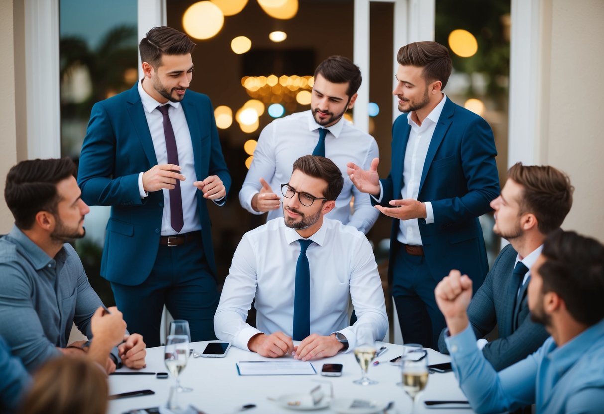 A group of friends gathered around a table, discussing and debating the financial responsibilities of the best man for the upcoming bachelor party